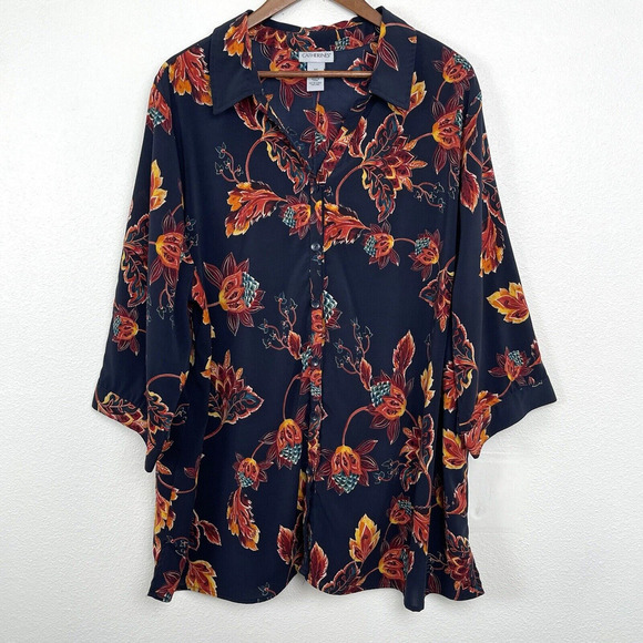 Catherines Button Up Shirt Top Womens Plus Size 2X Blue Floral Print 3/4 Sleeve - Picture 1 of 7
